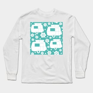 Daisy Polka Dot Vintage Caravan Pattern in Turquoise  and White Long Sleeve T-Shirt